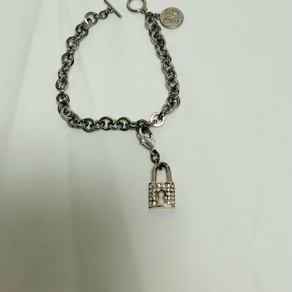 Silver Tone Padlock Pave Crystal Charm Chain Bracelet - White House Black Market